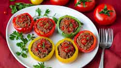 Gemista Domates Me Kima Kai Rizi (greek Style Stuffed Tomatoes With Ground Meat And Rice)