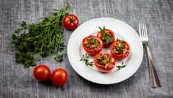 Gemista Domates Me Rizi Kai Fytika (baked Stuffed Tomatoes With Rice And Herbs)