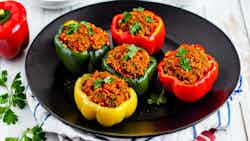 Gemista Piperia Me Kima Kai Tyri (greek Style Stuffed Bell Peppers With Ground Meat And Cheese)