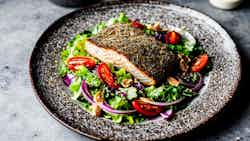 Rye Bread Crusted Arctic Char Salad (Rúgbrauðsúðaður bergfíflusalat)