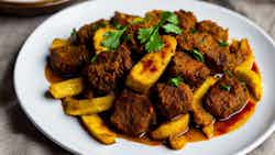 Spicy Fried Goat Meat with Plantain Fufu (Viande de Chèvre Frite Pimentée avec Fufu de Banane Plantain)