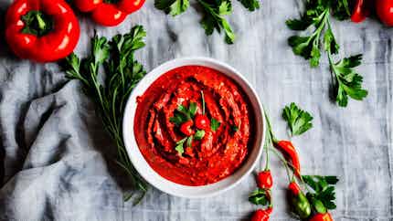 Albanian Roasted Red Pepper Dip (Qepë të Djegur me Speca të Kuq)