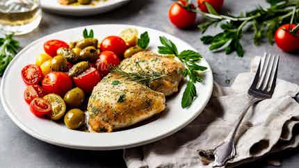 Baked Chicken with Olives and Tomatoes (Pule e Furrë me Ullinj dhe Domate)