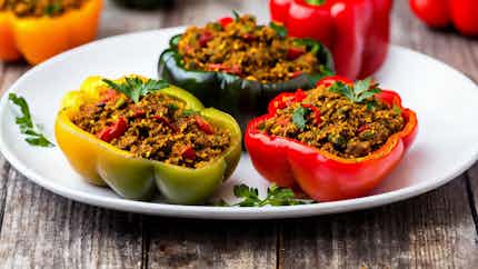 Gemista Piperies Me Ryzi Kai Kima (greek-style Stuffed Bell Peppers With Rice And Ground Beef)