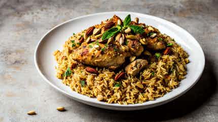 Makbous Djaj Bil Fustuq (spiced Rice With Chicken And Mixed Nuts)