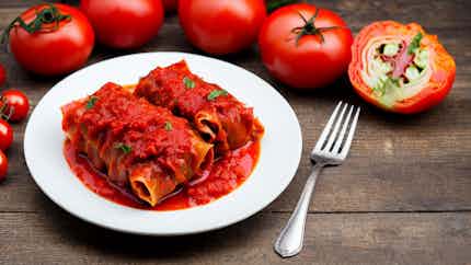 Stuffed Cabbage Rolls With Tomato Sauce (bulgarian Banquet: Sarmi With Tomato Sauce)