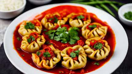 Tibetan Vegetable Momos In Spicy Tomato Sauce