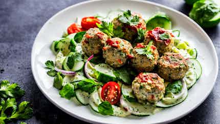 Yogurt And Cucumber Salad With Grilled Meatballs (balkan Bites: Snezhanka Salad With Grilled Meatballs)